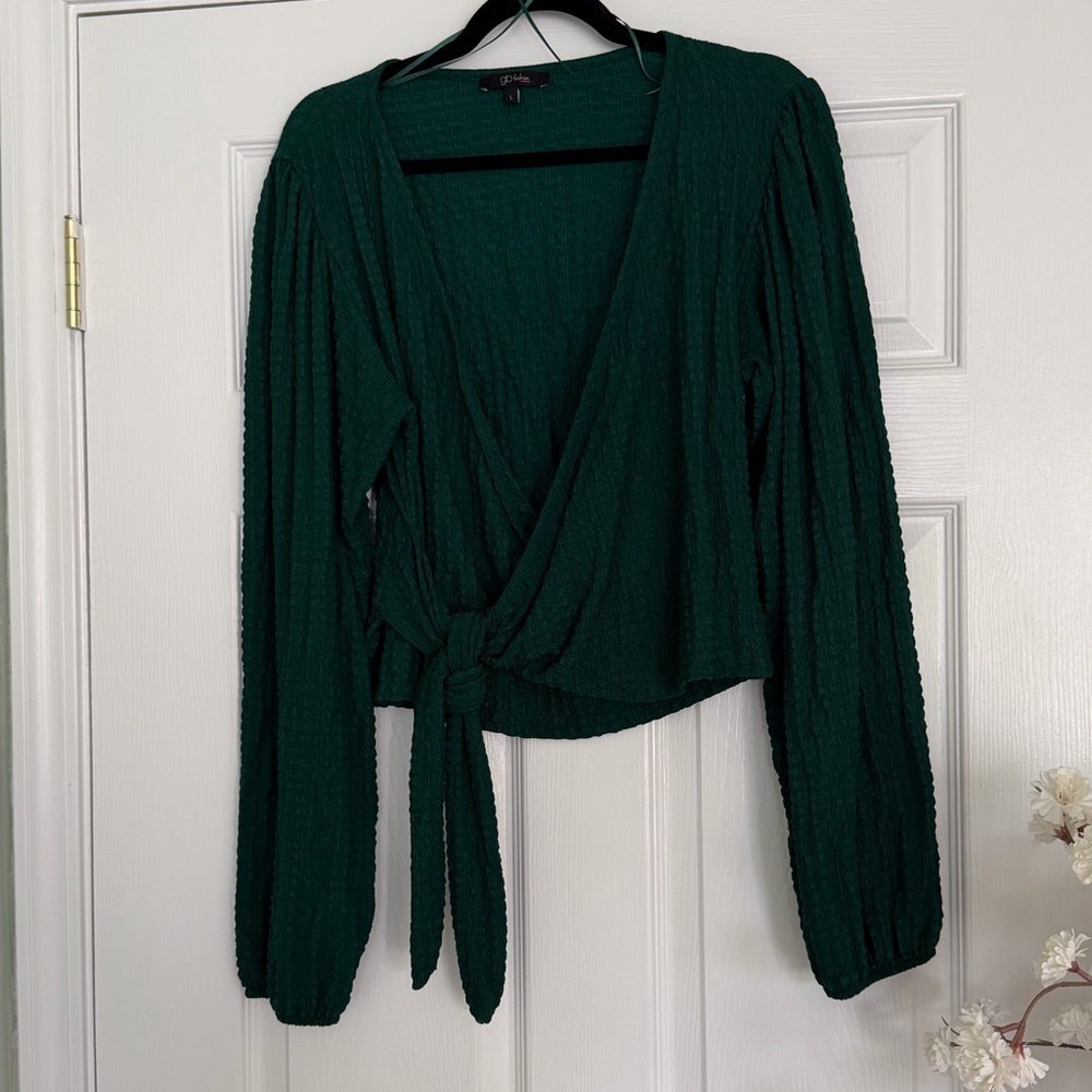 Francesca’s Emerald Green Cropped Wrap Blouse with Balloon Sleeves